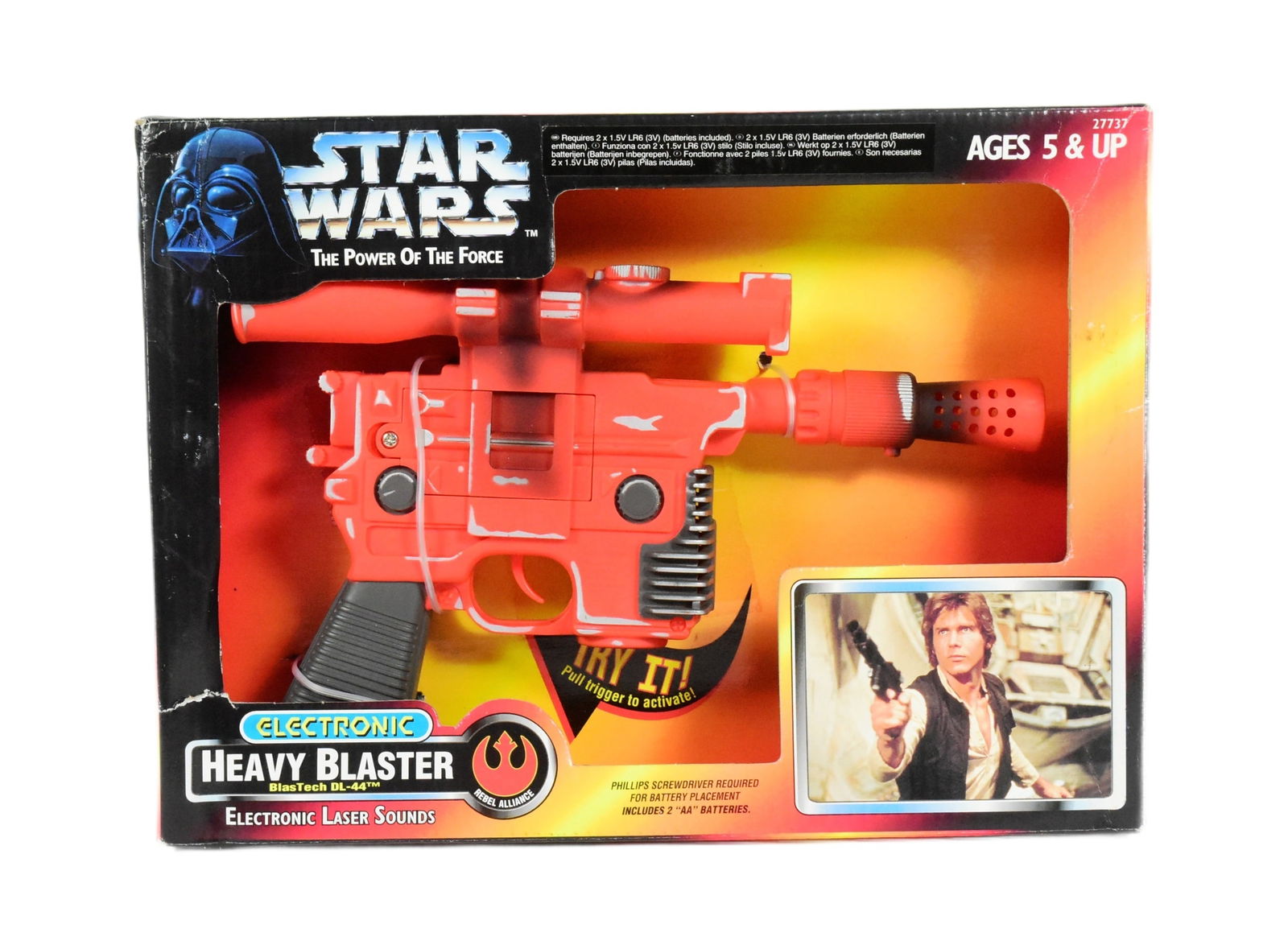 STAR WARS - 1997 ELECTRONIC HEAVY BLASTER: Star Wars - an original vintage c1997 Hasbro made Power Of The Force ' Electronic Heavy Blaster ' (Han Solo). Contents appear mint and unused, still wired within its original box. Unopened.