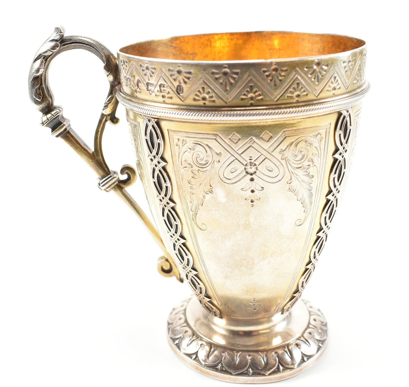 VICTORIAN HALLMARKED SILVER CHRISTENING CUP FREDERICK ELKINGTON: A Victorian hallmarked silver and parcel-gilt Christening cup. Hallmarked Birmingham 1869. Maker's mark FE for Elkington & Co (Frederick Elkington). Weight 146g approx. Measures 11cm high