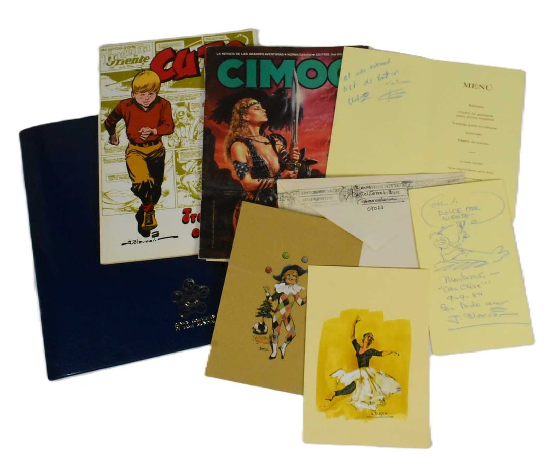 COMIC BOOKS - JESUS BLASCO 1919-1995 - ORIGINAL ARTWORK & AUTOGRAPHS: Comic Books - Jesús Blasco (1919-1995 - Spanish author and comic book creator) - a collection of original artwork and autographs from Blasco, comprising: a menu containing a blue ink sketch, a ha