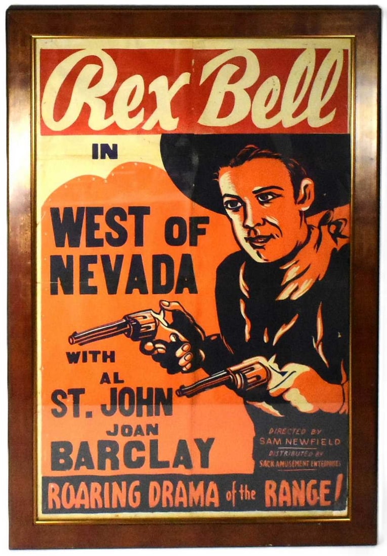WESTERN - WEST OF NEVADA (1936) - ORIGINAL ONE SHEET POSTER: West Of Nevada (1936 Western starring Rex Bell) - original one sheet US poster for the Western. Some restoration to one corner, folded with some general wear. 'The Roaring Drama Of The Range!' Framed