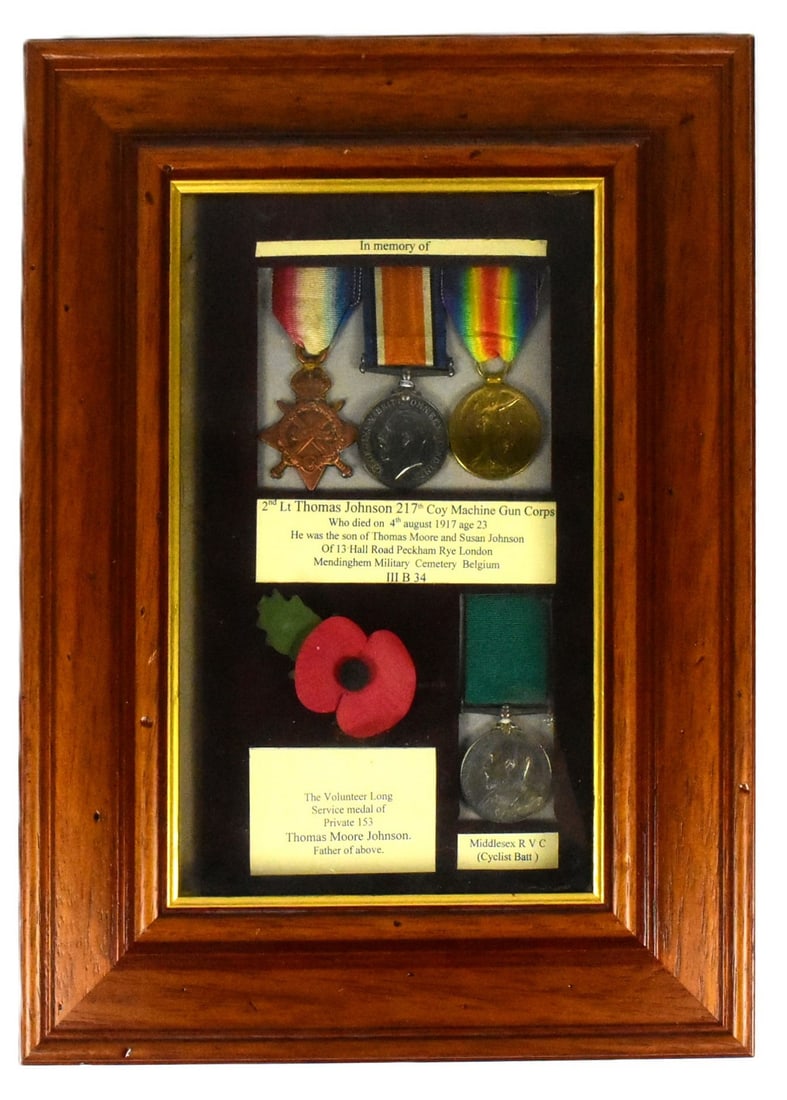 WWI MEDALS - MACHINE GUN CORPS MEDAL GROUP: WWI Medal Group - a medal trio awarded to one 6622 2nd Lieutenant Thomas Johnson of the 217th Company Machine Gun Corps. KIA August 4th 1917, age 23. Comprising 1914-15 Star, War Medal and Victory Med