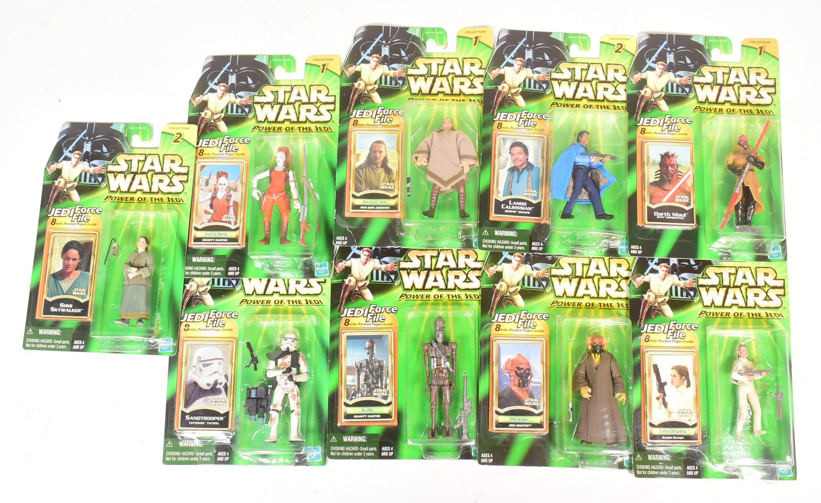 STAR WARS - POWER OF THE JEDI - COLLECTION OF CARDED ACTION FIGURES: Star Wars - Power Of The Jedi - collection of x9 c2000 Hasbro made Power Of The Jedi series MOC carded action figures. Includes: Sandtrooper, Aurra Sing, IG-88, Leia Organa, Plo Koon, Qui-Gon Jinn, La