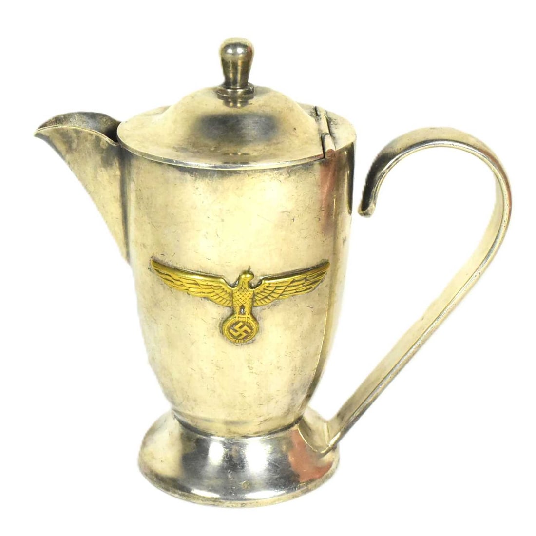 WWII SECOND WORLD WAR GERMAN KRIEGSMARINE OFFICERS MESS COFFEE POT: A WWII Second World War Third Reich Nazi German Kriegsmarine Officers mess / canteen coffee pot. Silver plate with a hinged lid and an applied brass eagle swastika badge. Measures approx 15cm tall. Du
