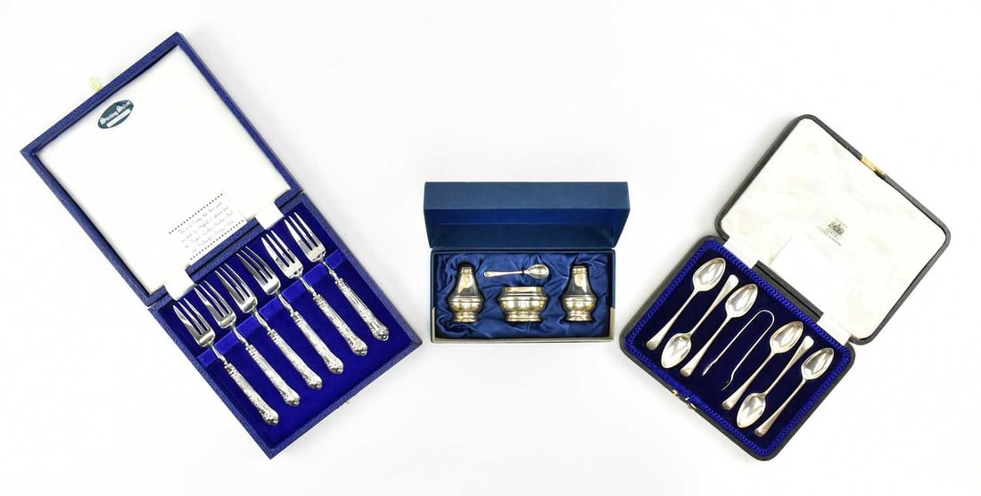 THREE 20TH CENTURY CASED SET OF HALLMARKED SILVER: Three 20th century cased sets of silver. The lot to include a set of George V hallmarked silver spoons and sugar tong, hallmarked year 1917 Sheffield, sponsors mark Cooper Brothers & Sons Ltd, a 2