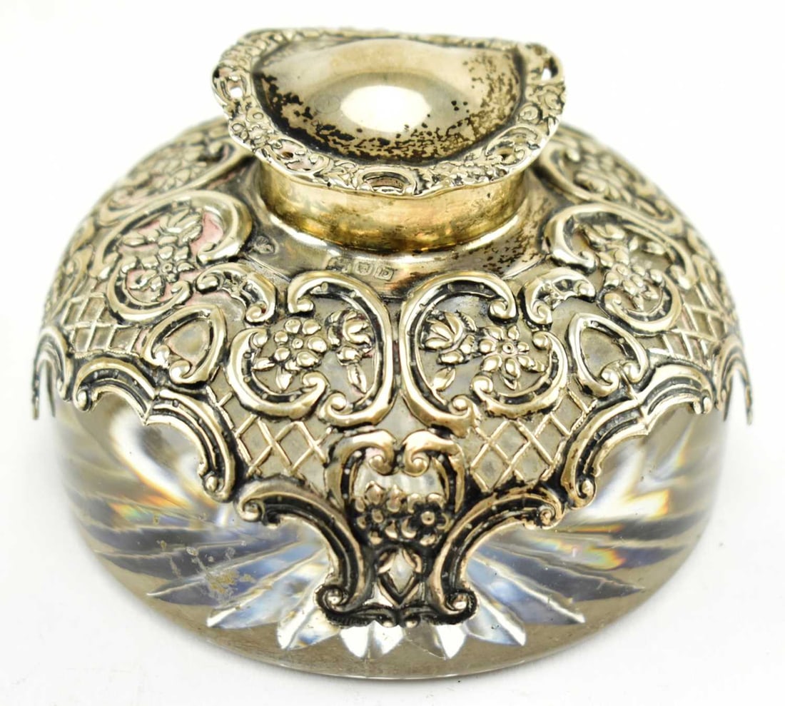 VICTORIAN HALLMARKED SILVER MOUNTED GLASS INKWELL (1 of 9)