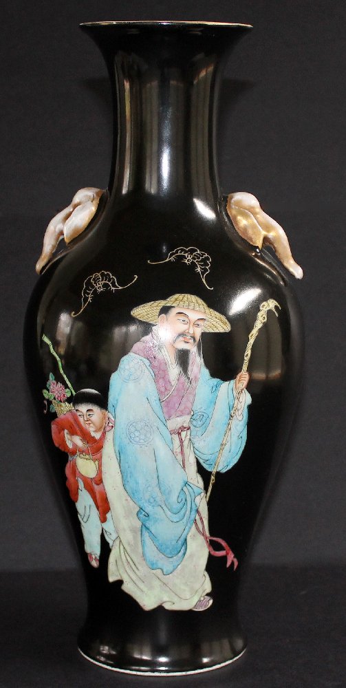 Large, Rare Chinese Famille Rose Vase Qianlong Mk: Large baluster form Chinese porcelain vase with beautifully painted child and elder, gilt bats, script on opposing side and applied gilt elephant masks. Overglaze blue enamel Qianlong seal mark. Measu
