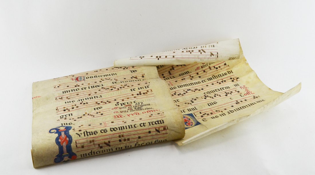 Music sheets Medieval: Parchment, original handwritten text with note scales and finely worked letters. Original manuscript (music annotation) on fine parchment. Medieval, size 36x50 cm.Â