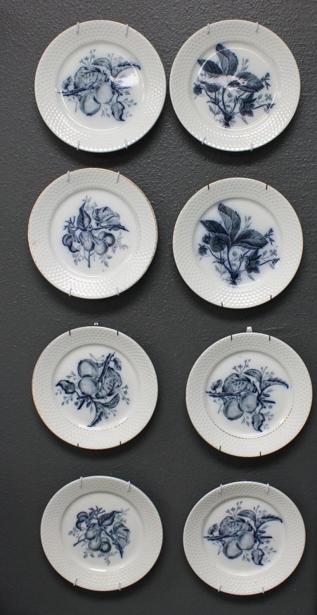 P. Regout & Co. Maastright Fruit Plates 8 Pieces: Blue and White Maastright Fruit Plates 8 Pieces. 7 3/4" Dia. 4 Oranges, 2 Cherries, 2 Strawberry's