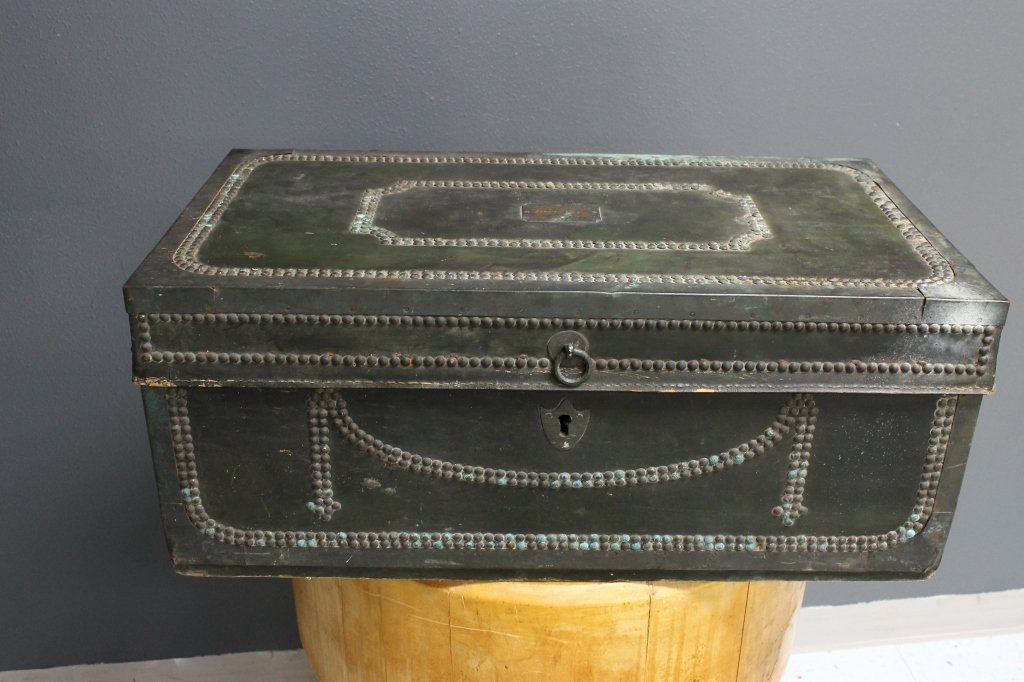 18th Century Camphor Wood Chinese Export Chest: Leather Bound with Brass Encased Detail, Brass Plaque Reading Luet. Guy Measures 28" X 15" X 11.5" Tall