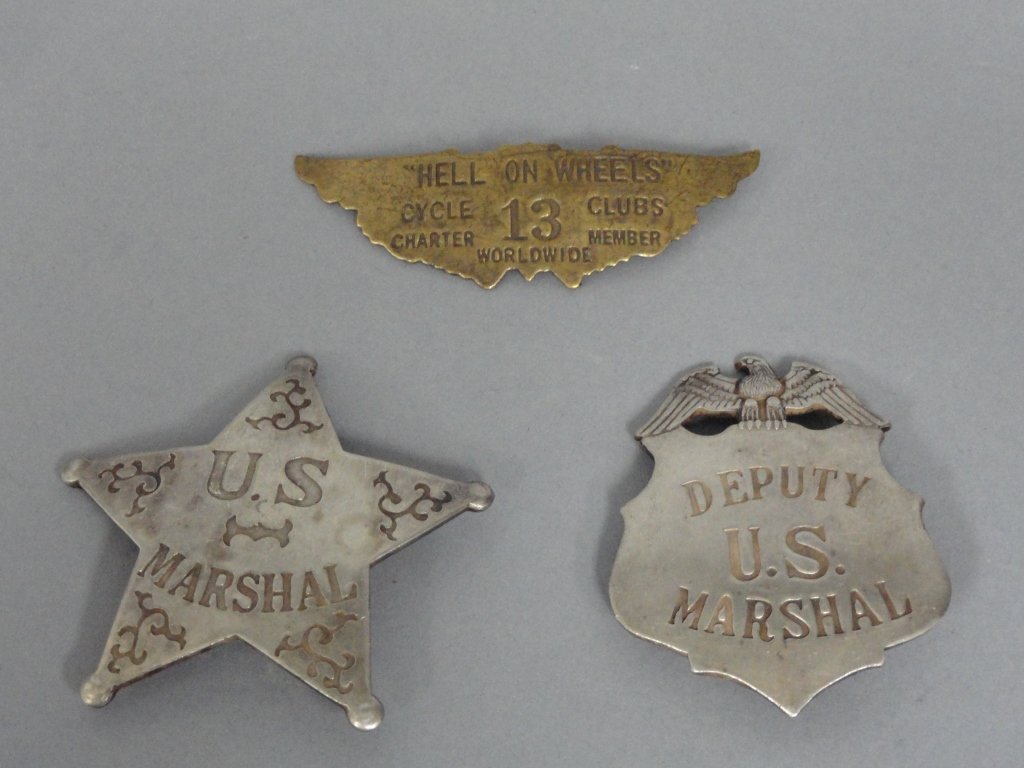 Lot of Three Badges: Sheriff, Deputy and the Hell on Wheels Motorcycle club Badge. Precursor to Hells Angles MC