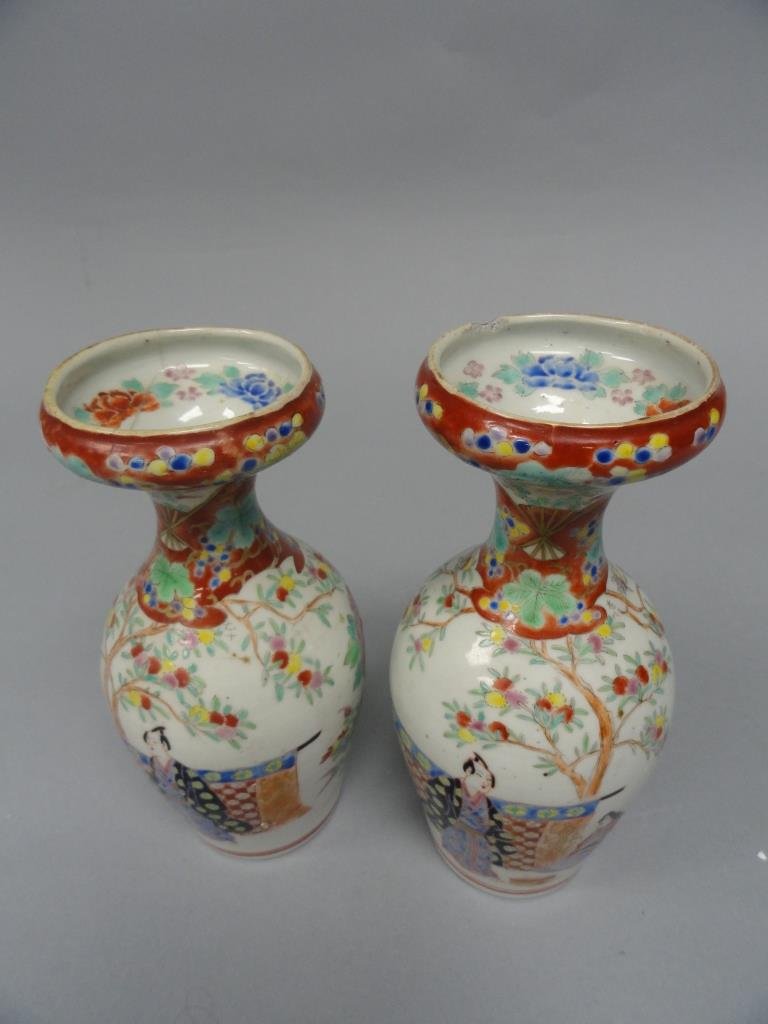 Two 19th Century Kutani Painted Vases: Two Antique Chinese Painted Vases. Repair made on rim of one, slight chip on rim of other. Condition Good, Wear consistent with Age Approximately 8in tall, about 4in wide.