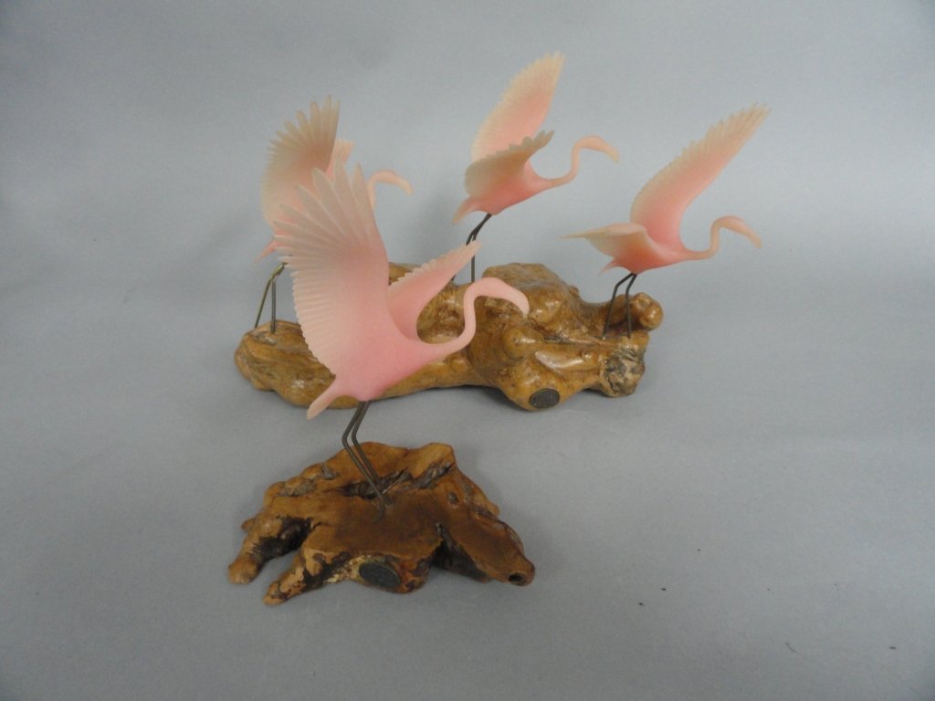 John Perry Resin Flock of Flamingos W/ Wood Base: John Perry Resin Flamingo with Wood Base and wire legs. Set of 2 for 4 Flamingos in all Dimensions: 6" wide by 8 1/2" tall.