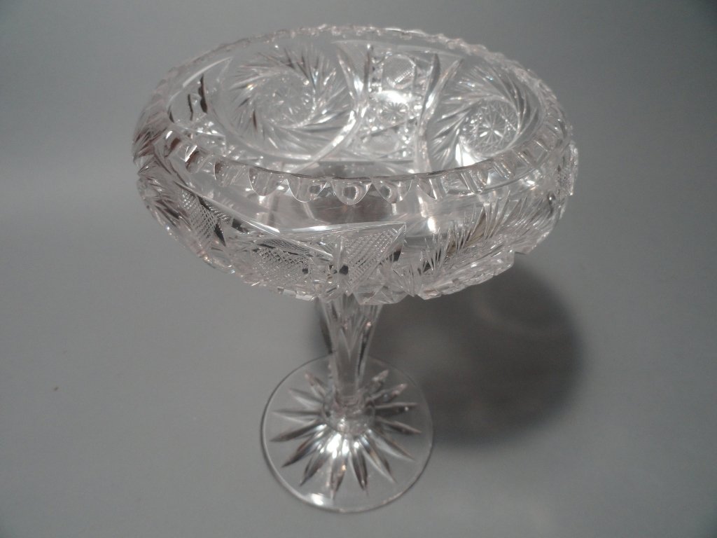 Antique Leaded Crystal Hand Cut Glass Compote: Antique Leaded Crystal Cut Glass Compote 10" Tall 6.5" Diameter