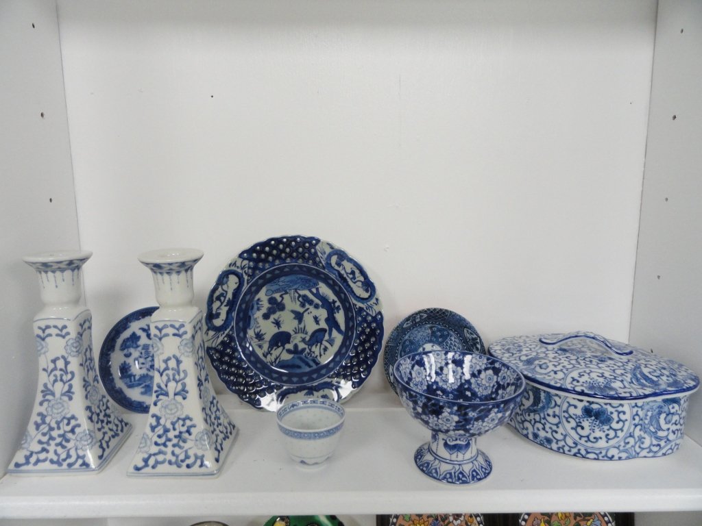 Shelf Lot of Blue and white dishes: Nice Lot of decorative blue and white dishes, candle stick holders, plate & covered casserole dish. casserole and one dish has gold foil Takahashi San Francisco sticker on them.