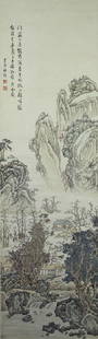 Scroll Painting of a Landscape: China, scroll painting of a landscape, with several buildings at the base of a steep mountain cliff, and a small waterfall towards the front, signed Lin Shu. Height 132 in., Length 40 in.