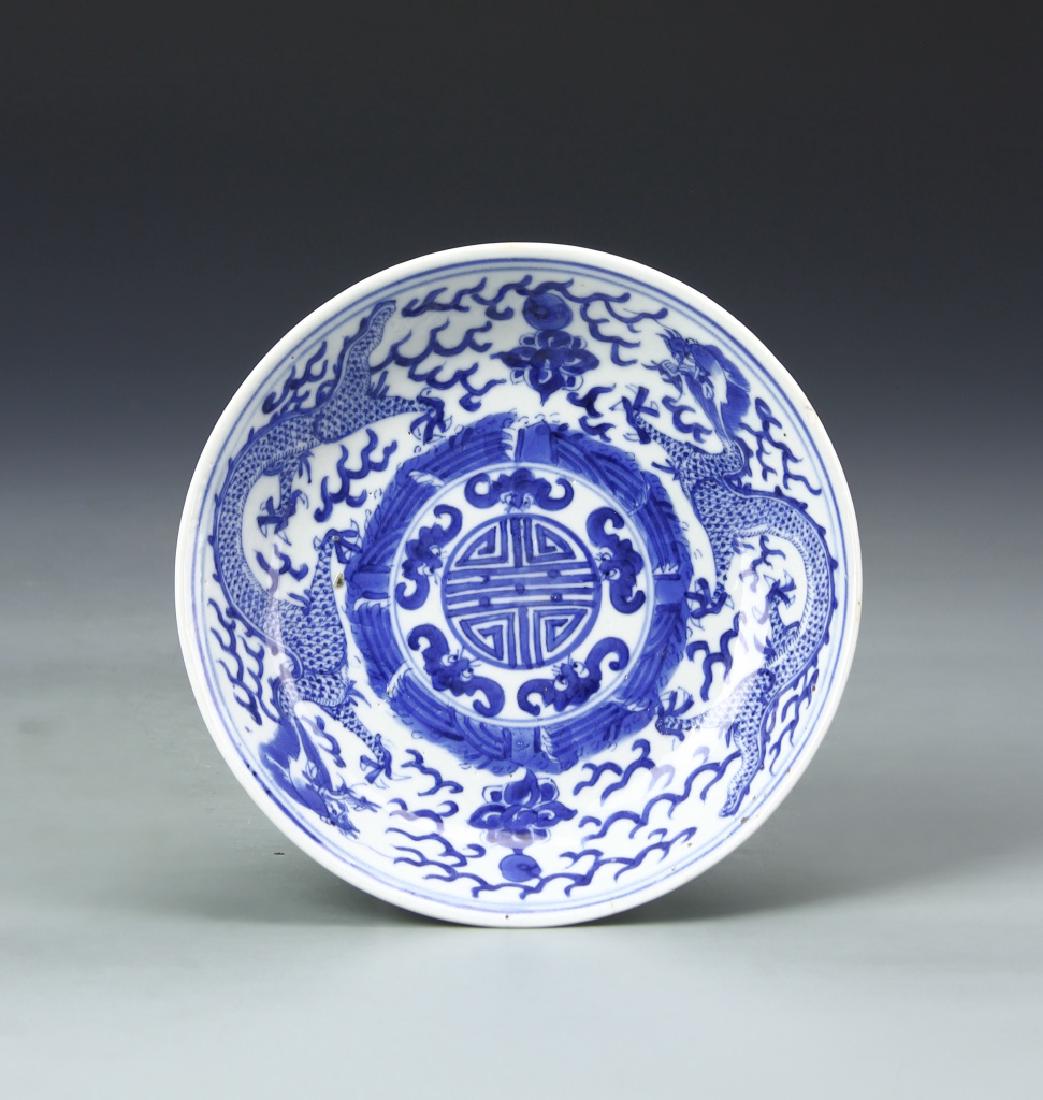 Chinese Blue and White Plate: China, 19th C., blue and white plate, Guangxu mark, minor hairline. Diameter 5 1/2 in.
