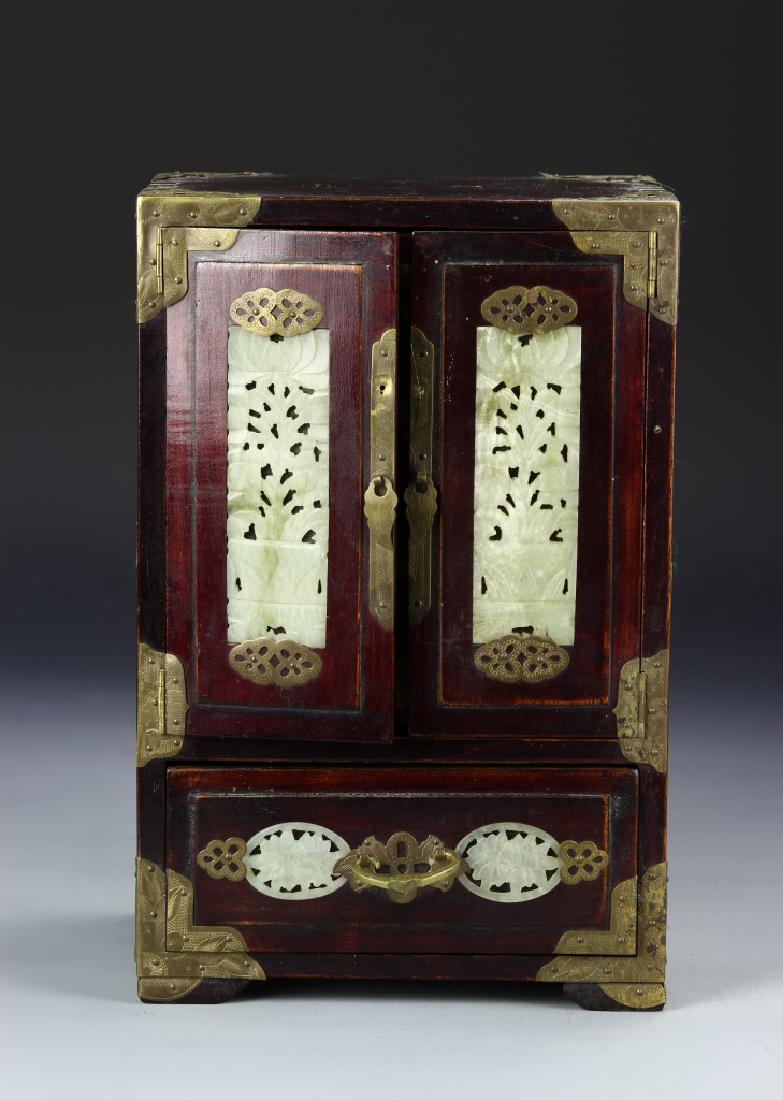 Chinese Jewelry Box: China, wooden jewelry box with jade inlays. Length 12 3/8 in., Height 5 3/4 in., Width 8 in.