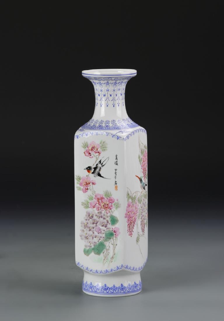 Chinese Famille Rose Square Vase: China, Famille Rose square vase. Height 9 7/8 in.