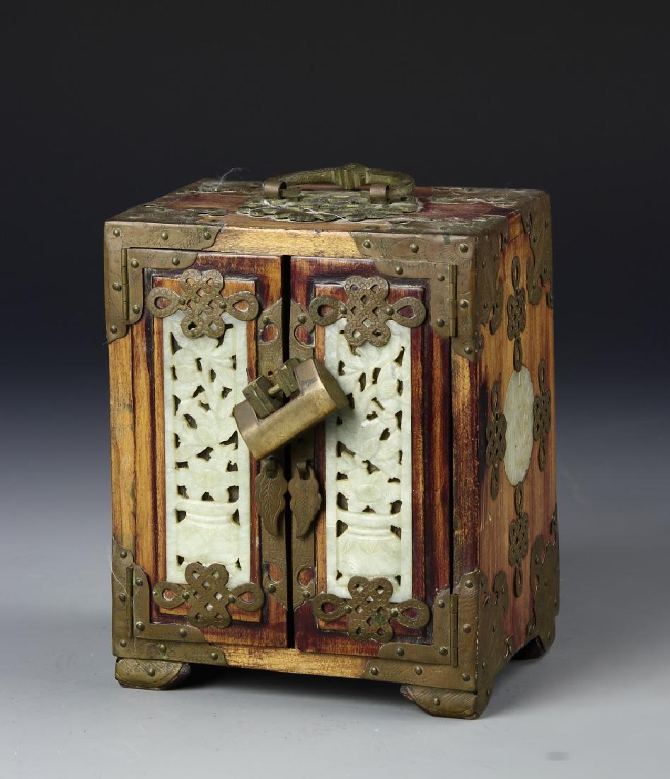 Chinese Wood Jewelry Box With Brass And Jade Works: China, wood jewelry box with brass and jade works. 7 in., 5 in., 4 1/2 in.