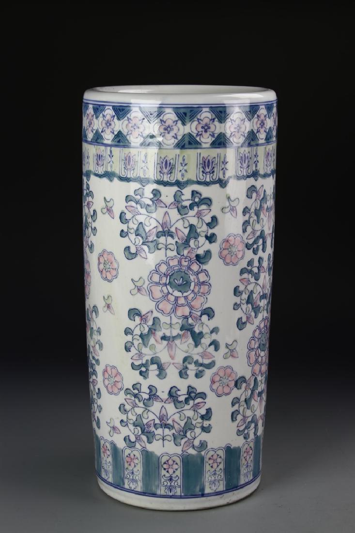 Chinese Famille Rose Umbrella Stand: China, famille rose umbrella stand, mark on bottom. 18 1/2 in.