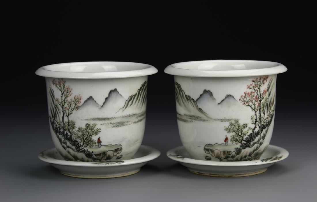 Pair of Chinese Famille Rose Flower Pots: China, ROC period, a pair of famille rose flower pots, with tray. Height 5 in., Width 3 7/8 in.