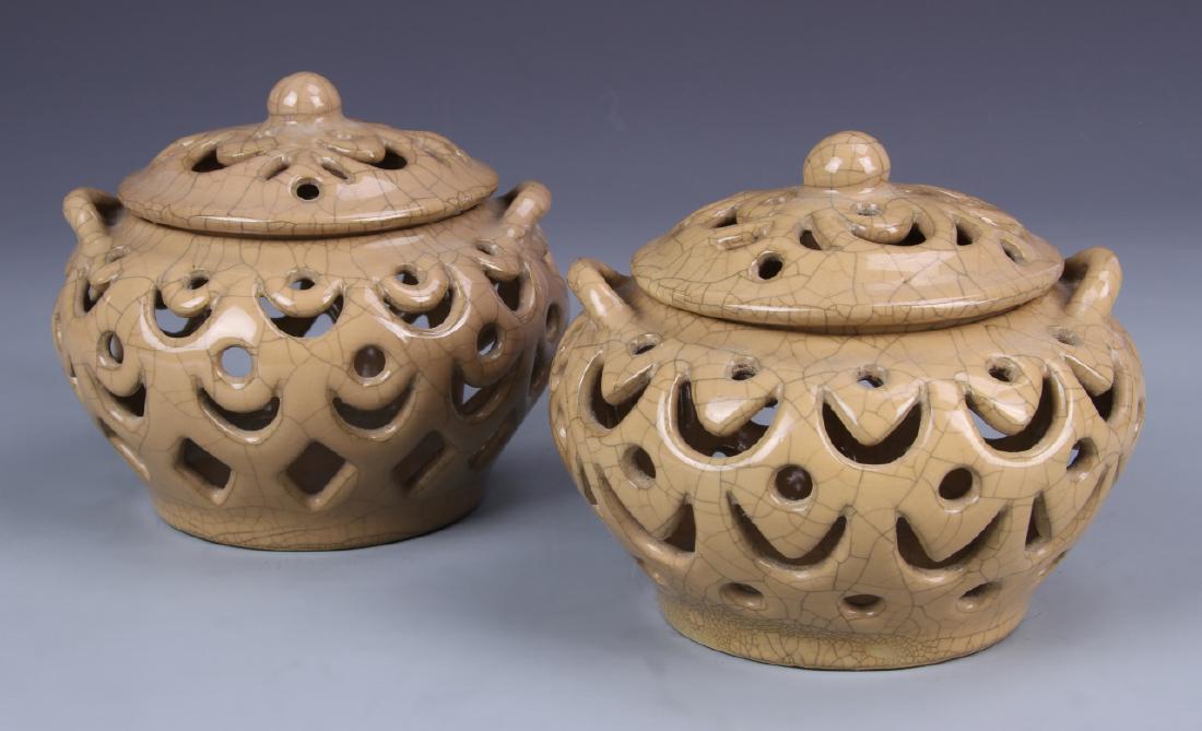 Pair of Chinese Ge Ware Jars with Covers (1 of 1)
