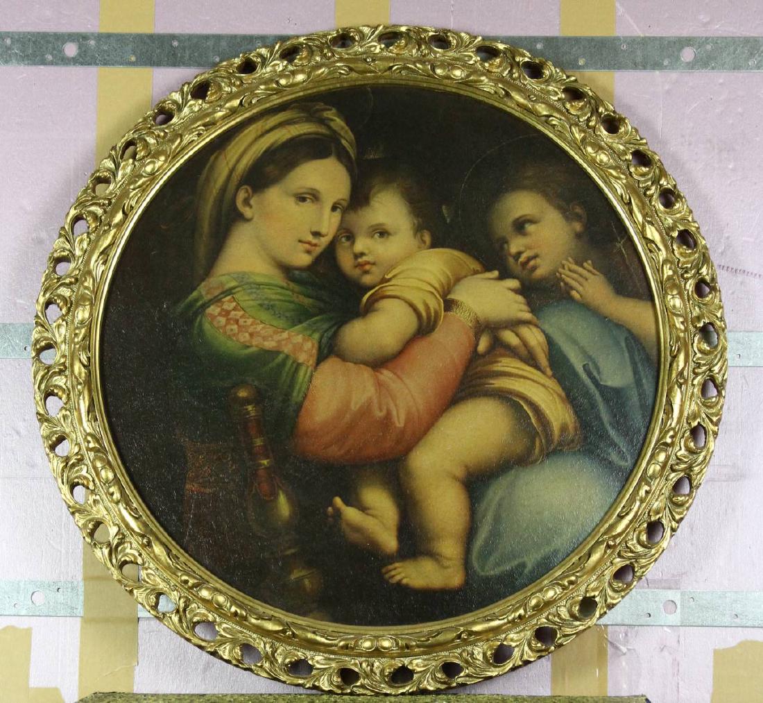 Round Gold Colored Frame: Round, gold colored frame with a printed design on glass. Diameter 20 in.