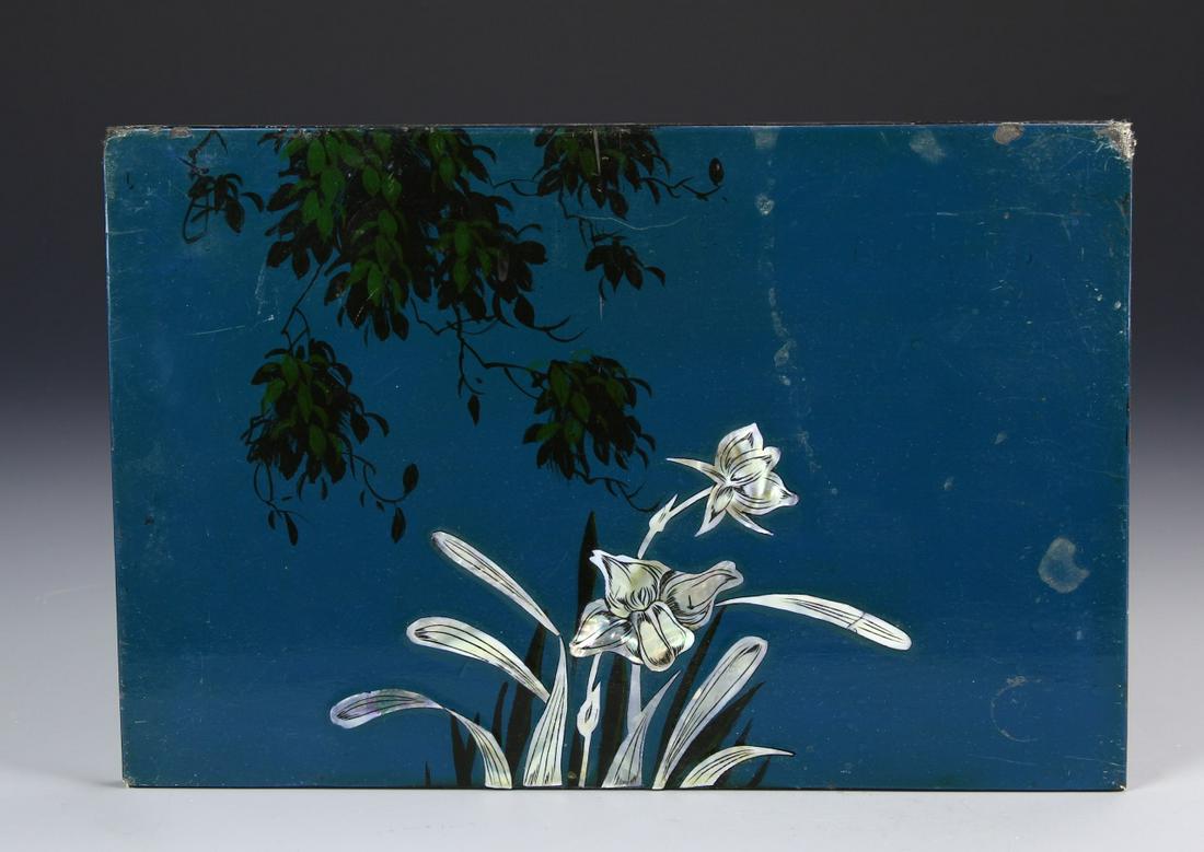 Mother of Pearl Inlay Lacquer Penal Art: Vietnamese Mother of Pearl Inlay Lacquer Penal Art. 11 5/8 in. X 7 5/8 in.