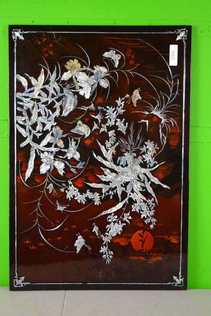 Vietnamese Lacquer Panel With Inlay: Vietnam, vintage lacquer panel with inlay of mother of pearl. 23 in., 15 1/2 in.