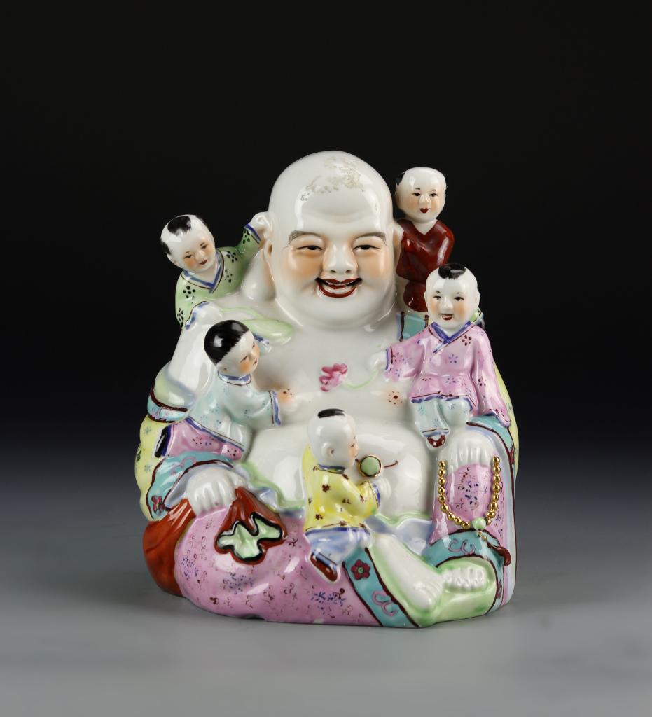 Chinese Antique Famille Rose Buddha: China, antique Famille Rose Buddha. Height 8 in.