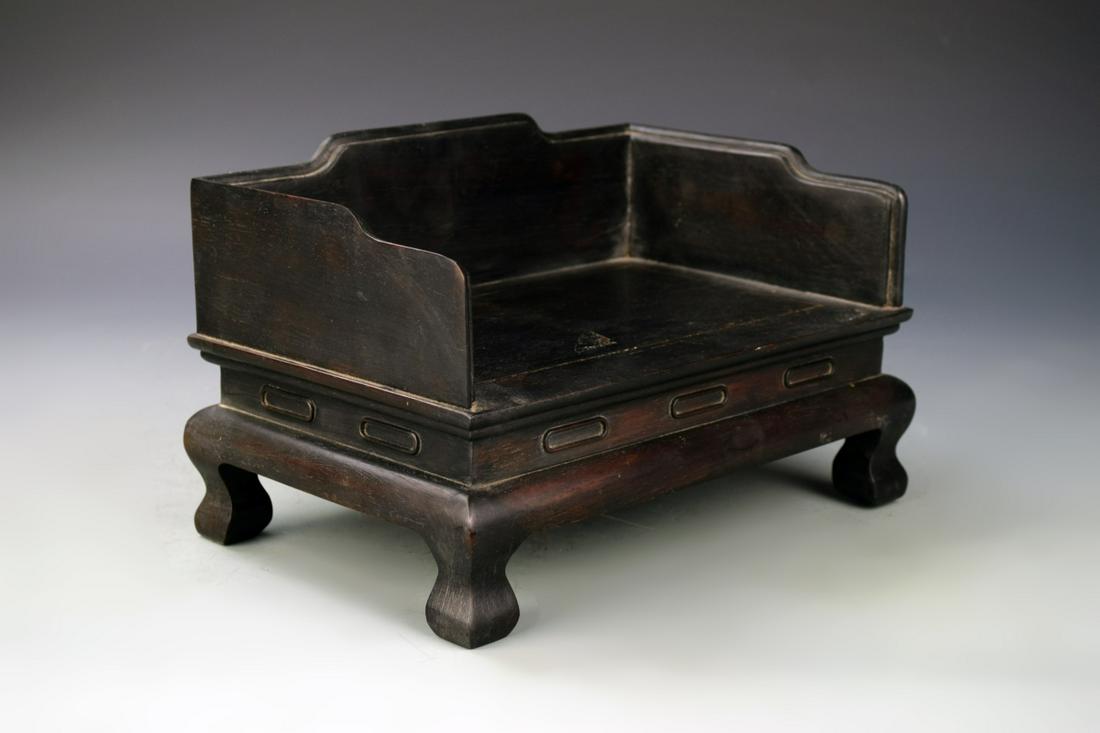 Chinese Rose Wood Toy Bed: China, 19th C., rose wood toy bed. Height 6 1/2 in., Width 7 1/4 in., Length 10 1/2 in.