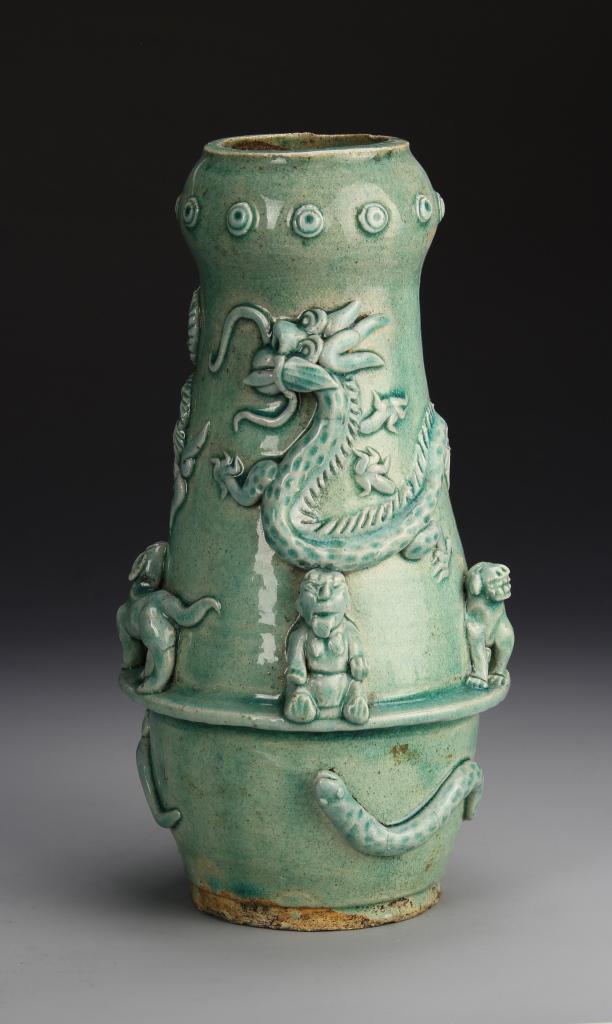 Chinese Antique Green-Glazed Ash Vase: China, antique green-glazed ash vase container, with rounded rim, flat base, and dragon and animal motif details. Height 10 in.