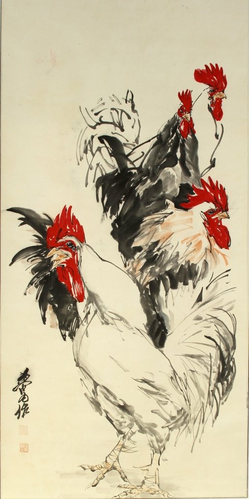 Chinese Scroll Painting, Attributed to Huang Zhou: China, scroll painting of two roosters, ink and color on paper, mounted on a silk scroll, calligraphy signature and red seal, attributed to Huang Zhou. Length 52 in., Width 26 in.