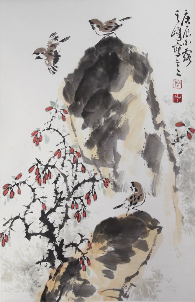 Chinese Scroll Painting of Birds and Flowers: China, scroll painting of birds and floral tree branches, ink and color on paper, mounted on a silk scroll, calligraphy signature and red seal, attributed to Wang Peng. Height 17 1/2 in. Width 26 1/2 