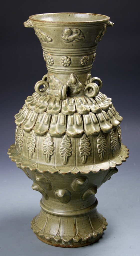 Chinese Yue Ware Vase: China, large Yue ware vase, with applied figural and geometric decorations, in an olive-green glaze. Height 18 in.