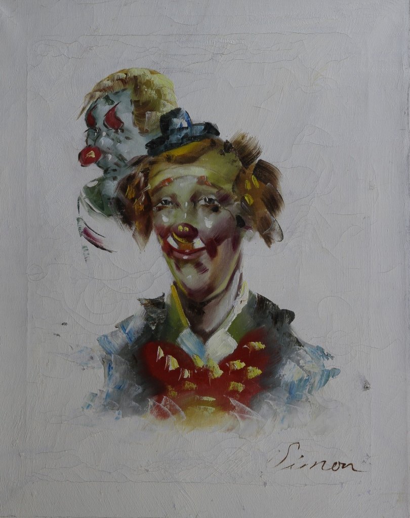 Oil on Canvas of Clowns: Oil on canvas of two clown faces in make up on a white ground, signed by Simon. Height: 20 in., Width: 16 in.