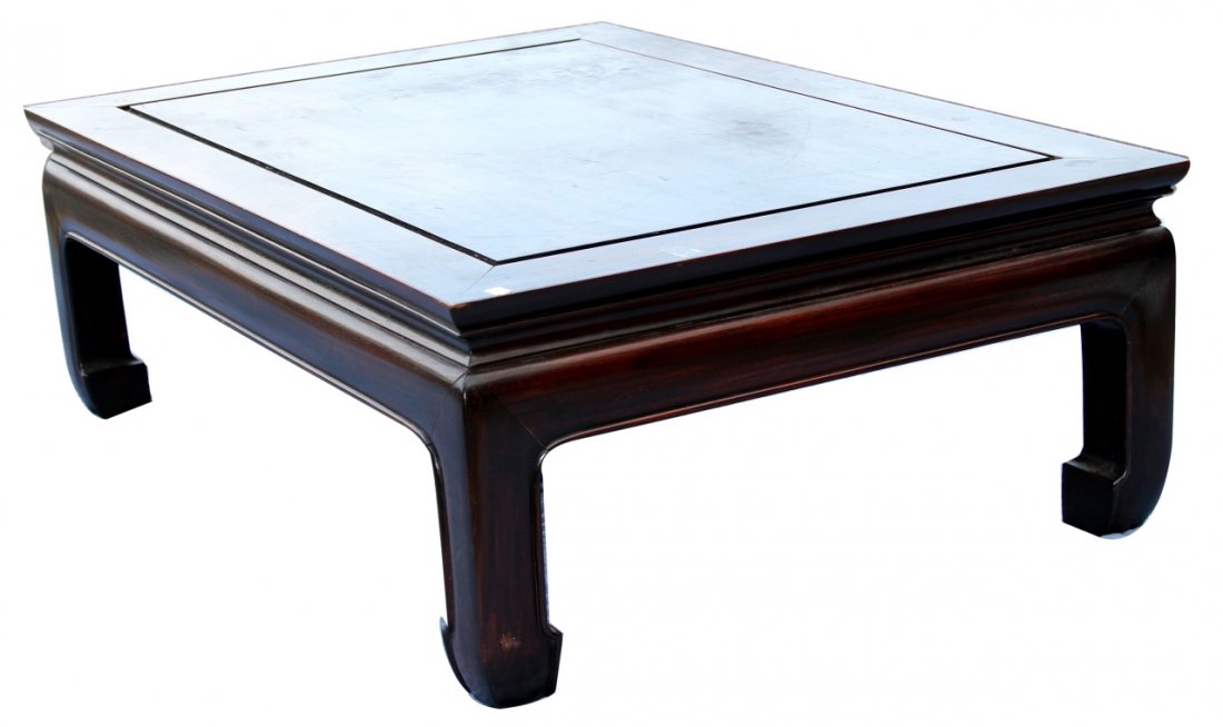 Chinese Square Zitan Low Table: China, 19th C., square Zitan wood low table, with traditional carved plain beaded edges and hoofed feet. Length: 34 in., Width: 24 in., Height: 11 1/2 in.