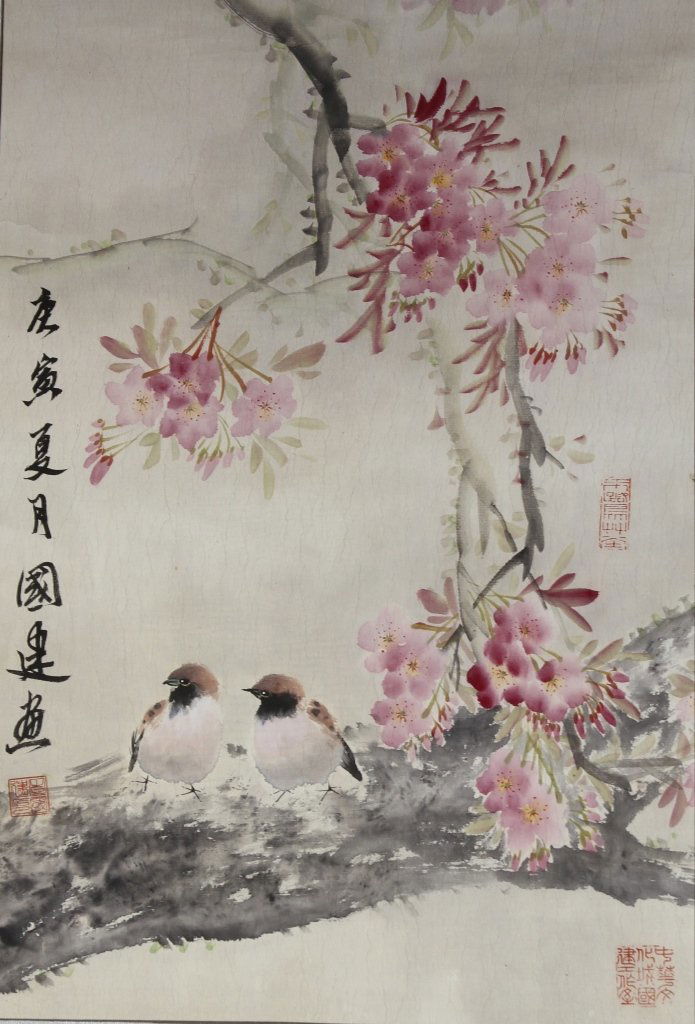 Chinese Scroll Painting, Signed Guo Jian: China, 20th C., scroll painting, with pink cherry blossoms and resting birds, with character signature and red seal, signed Guo Jian. Width 16 3/4 in. Length 24 1/2 in.