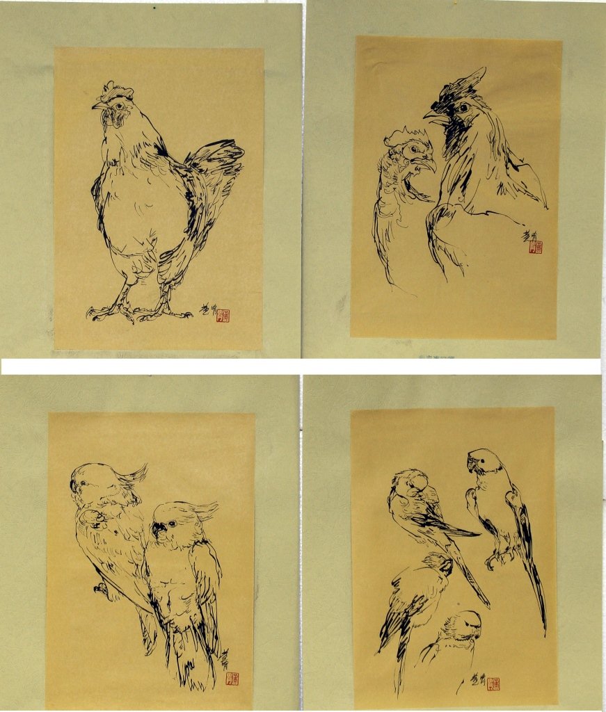 Seven Bird Sketches, Attributed to Huang Zhou: China, seven sketches, ink on paper, various birds including cranes, parrots, rooster, signatures and red seals on all pieces, attributed to Huang Zhou.