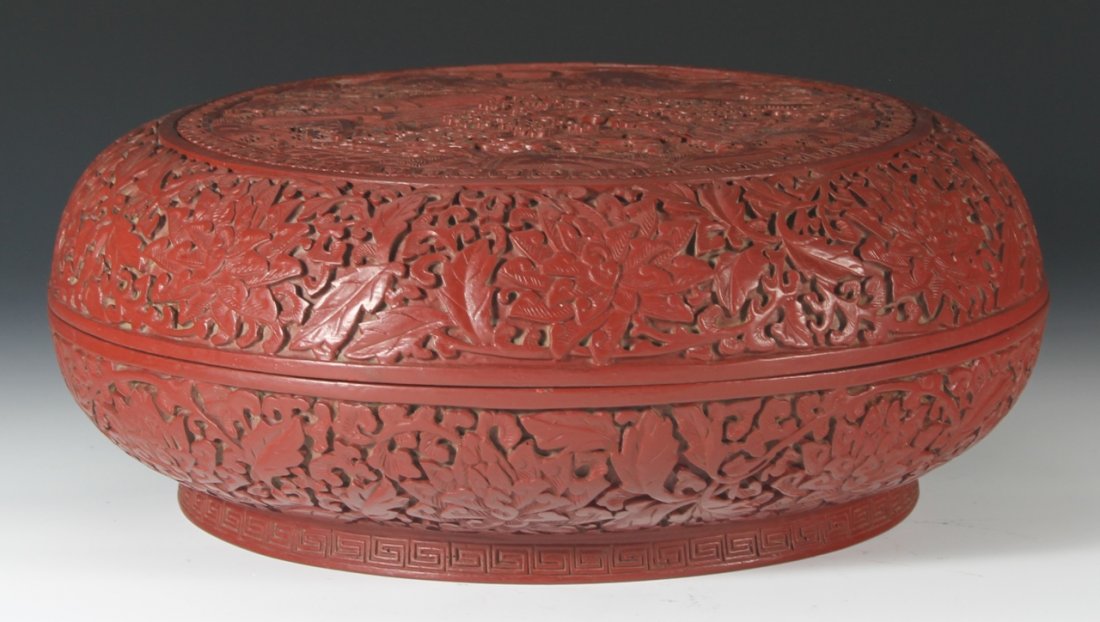 Chinese Cinnabar Box: Cinnabar Box, 19th c., China. Qian Long mark. Figures holding various items, such as fish and corn, in a traditional landscape. (w. 12 in.; h. 4 3.4 in.)