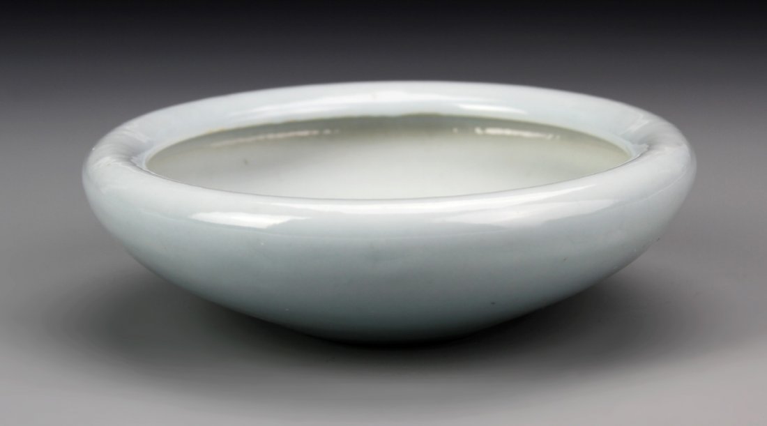 Chinese Celadon Glazed Brush Washer: China, celadon glazed brush washer, smoothly glazed brush washer with rimmed base, Chen Xian Gong mark. Diameter 4 3/4 in.