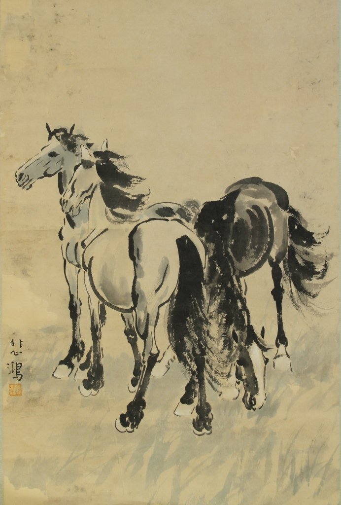 Chinese Painting, "Two Horses", Xu Beihong: China, hanging scroll painting of two horses, one standing proudly and one grazing, ink and color on paper, signed with one seal, attributed to Xu Beihong. Height 33 in., Width 23 in.