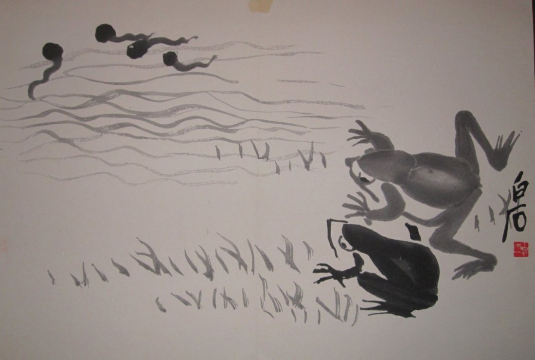 Chinese Ink and Color on Paper, Qi Baishi: China, 20th C., ink and color on paper, showing a painted image of two frogs watching tadpoles from the shoreline, with high perspective, calligraphy signature and red seal, attributed to Qi Baishi. L