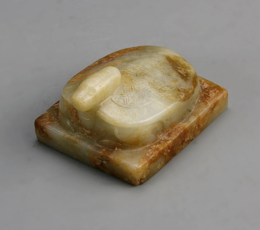 Chinese Jade Seal Chop: China, jade seal chop, flat square form, with carved figure in the form of a turtle on top, shell of turtle carved with detail. Height 2 1/2 in., Length 2 in.