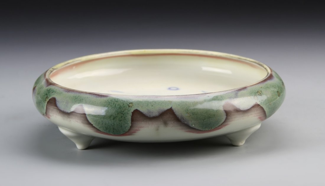 Chinese Blue and White Brush Washer: China, blue and white brush washer, with tripod footed base, exterior green drip glaze, and interior ocean scene motif. Diameter 7 1/2 in.