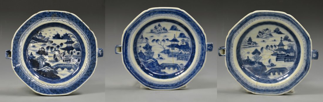 Three Chinese Export Blue and White Tureens: China, 19th C., three export blue and white tureens, flattened edges, small square handles, landscape scenes with building depicted on each, minor crack. Diameter 9 in.
