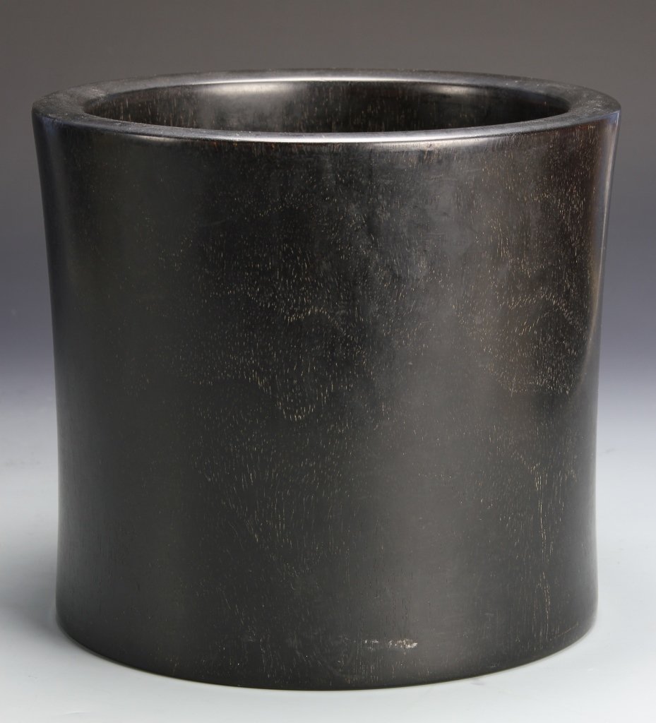 Chinese Zitan Brush Pot: China, 19th C., Zitan wood brush pot, in cylindrical form, with a slightly flared opening and flat base, and natural wood grain showing. Width 6 1/2 in., Height 9 1/2 in.