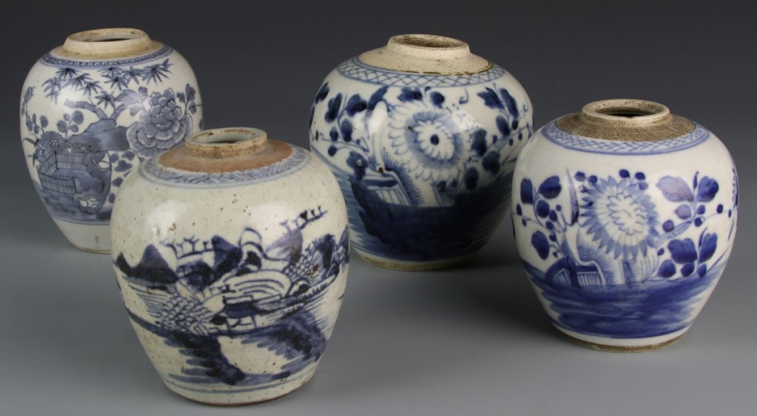 Chinese Blue And White Ginger Jars: China, four blue and white ginger jars, each painted with large landscape scenes with floral elements. Height 4 1/2 in.