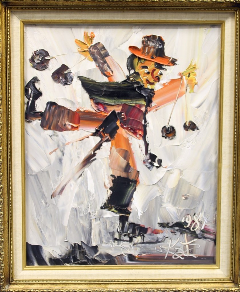 Oil on Board, Morris Katz: Oil on board of a clown, abstract in style, clown is balancing on one leg throwing objects into the air, framed, by Morris Katz, signed and dated in lower right, 1981. Height 19 3/4 in., Width 16 in.