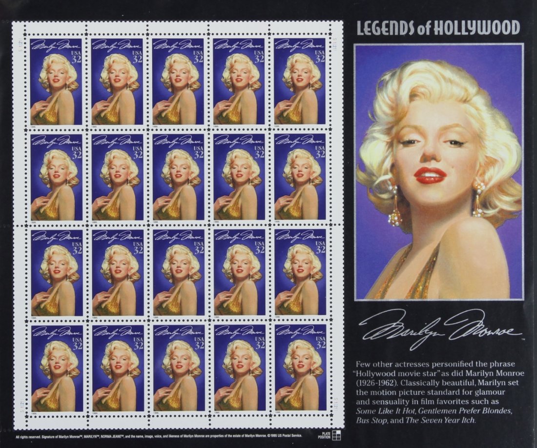 Marilyn Monroe Legends of Hollywood Stamps: Marilyn Monroe Stamps, Collectors presentation sheet from the Legends of Hollywood series, with twenty untouched stamps, issued in 1995.